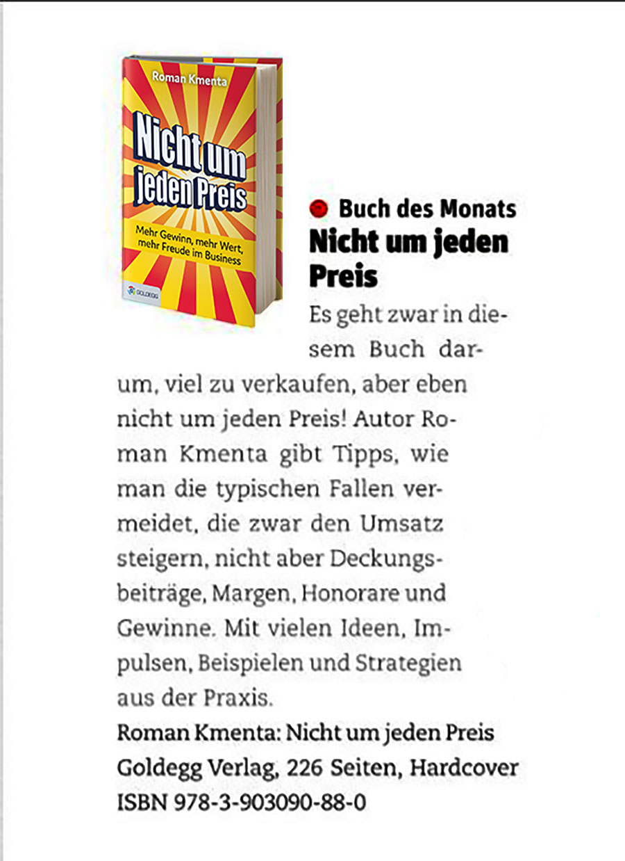 Buch Nicht um jeden Preis - Cash Magazin 122016 - Roman Kmenta - Keynote Speaker und Autor