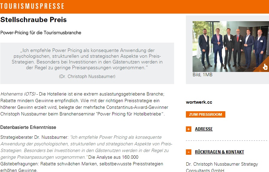 Stellschraube Preis - Powerpricing für Hotelbetriebe mit Keynote Speaker Mag. Roman Kmenta - tourismuspresse - 04/2018