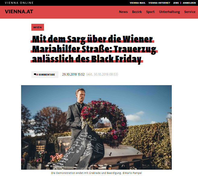 Mit dem Sarg über die Wiener Mariahilfer Straße: Trauerzug anlässlich des Black Friday - VIENNA.AT - Roman Kmenta - Preisexperte