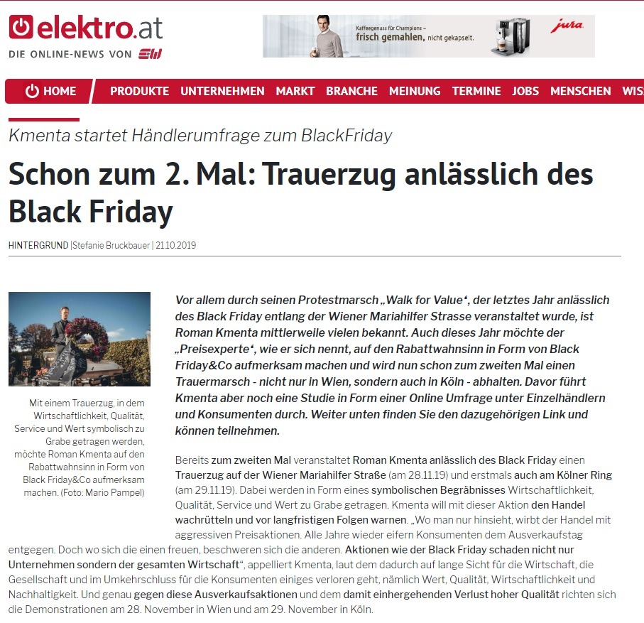 Schon zum 2. Mal: Trauerzug anlässlich des Black Friday - Roman Kmenta -  Beitrag bei Elektro.at - 10/2019