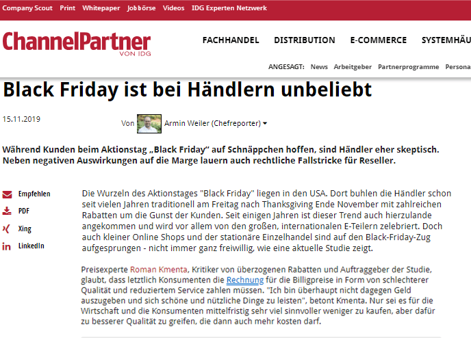 Black Friday ist bei Händlern unbeliebt - Studie Black Friday - Roman Kmenta - ChannelPartner - 11-2019