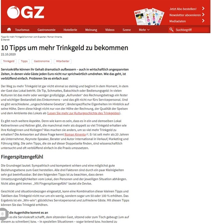 10 Tipps um mehr Trinkgeld zu bekommen - ÖGZ - 10/2020 - Mag. Roman Kmenta - Autor und Preisexperte